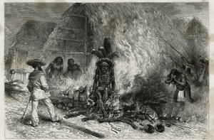 Kremace Roucouyenne (nebo wayana), kmene žijícího podél řek Mana a Maroni, s výhledem na Bucher, Dr. Crevaux, rytina Riou, pro ilustraci průzkumné cesty ve vnitrozemí Guyany od Dr. Julese Crevauxe, doktora francouzské námořnictvo, od Edouard Riou