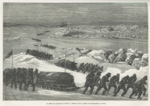 Odplutí saní Alert, lodi polární expedice, kresba Riou, pro ilustraci příběhu plavby k polárnímu moři v letech 1875-1876 od kapitána G.S.Narese. Rytina v Le tour du monde od Edouard Riou