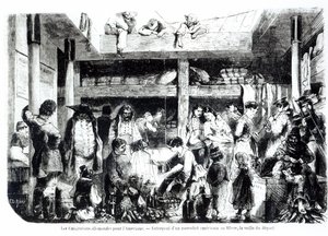 Předvečer odjezdu do Ameriky - němečtí emigranti odjíždějící do USA v kajutě amerického parníku v přístavu Le Havre, asi 1850 od Edouard Riou