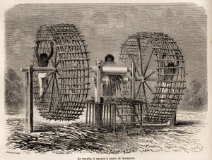 Mlýn na mletí cukrové třtiny ze Sarayacu (Peru), kresba Riou, ilustrující cestu Paula Marcoye z Tichého oceánu do Atlantského oceánu v letech 1848 až 1860. Rytina „“Le tour du monde““, editoval Edouard Charton od Edouard Riou