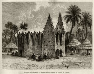 Mešita Lokhognile (Guinský záliv). Rytina Riou pro ilustraci příběhu „“ Z Nigeru do Guinejského zálivu““ od kapitána Louise Gustava Bingera (1856–1936), v letech 1887–1889, v Le tour du monde, nouveau journal des voyages, pod vedením od Edouard Riou