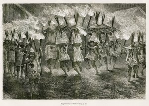 Procházka s pochodněmi ulicemi San Jose, kresba E.Riou, pro ilustraci cesty v regionu Titicaca a údolích na východě Dolního Peru, v roce 1873 od Paula Marcoye. Rytina v Le tour du monde od Edouard Riou