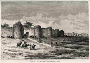 Město Tiong-Gi (Tiong Gi, Mali) s opevněním a hliněnými věžemi. Rytina od Riou pro ilustraci příběhu „“ Z Nigeru do Guinejského zálivu““ od kapitána Louise Gustava Bingera (1856-1936), v letech 1887-1889, v Le tour du monde, nouveau journal od Edouard Riou