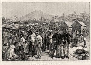 Procházka v Pager Alam Cafe (Malajsie). Rytina od Riou pro ilustraci příběhu „Rok v Malajsii“, od Julese Clainea (1856-1939) od Edouard Riou