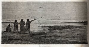 Lov želv, mezi indickými koniby z Peru, kresba Riou pro ilustraci cesty P. Marcoye z Tichého oceánu do Atlantského oceánu v letech 1848 až 1860. Rytina v „“Le tour du monde““, editoval Edouard Charton od Edouard Riou