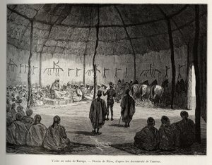 Návštěva Naba of Karaga (Ghana). Rytina Riou pro ilustraci příběhu „“ Z Nigeru do Guinejského zálivu““ od kapitána Louise Gustava Bingera (1856–1936), v letech 1887–1889, v Le tour du monde, nouveau journal des voyages, pod vedením Edouar od Edouard Riou