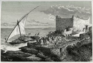 S trusem cestujících, kteří vplouvají do přístavu Moguedouchou (Mogadišo), námořníci dělají obrovský rachot, aby přilákali lidi, kteří je vítají s nadšením. Rytina Riou pro ilustraci příběhu „“ Voyage chez les Benadir, les somalis et od Edouard Riou