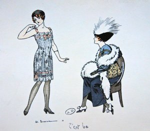 Manekýn ukazující skluz klientovi, kolem roku 1912 (barva lito)