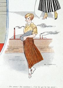 Žena vyrábějící munici pro válku 1914-1918. „Nákladní auta! munice! On je posílá!" V "Bayonet", dne 25.11.1915 (rytina)