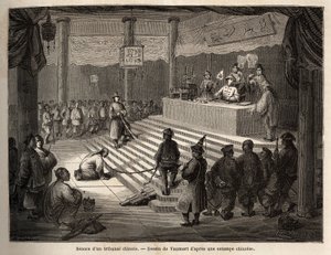 U čínského soudu se obžalovaný objevuje u soudu obklopený četníkem, který ho drží připoutaného a jeho řezníka, kresba Vaumorta (? -1886), aby ilustroval cestu pana de Bourboulon ze Šanghaje do Moskvy v letech 1859 až 1862. , francouzský ministr Ch