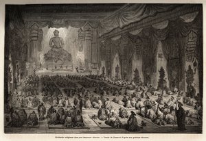 Náboženský obřad v čínské lamasserie, kresba Vaumorta (? -1886), pro ilustraci cesty ze Šanghaje do Moskvy, v letech 1859 až 1862, pana de Bourboulon, francouzského ministra do Číny. Rytina v „“Le tour du monde““, editoval Edouard Charton