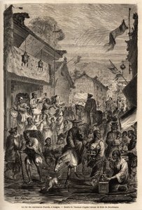 Ulice obchodníků s oblečením, Kalgan, Mongolsko. Kresba od Vaumorta (? -1886), pro ilustraci cesty ze Šanghaje do Moskvy, v letech 1859 až 1862, pana de Bourboulona, francouzského ministra v Číně. Rytina v „“Le tour du monde““, editoval Edouard Chart