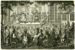 Pohled na reprezentaci Opery de Pekin (Peking), Čína, po cestovním příběhu Madame de Bourboulon. Rytina podle kresby od Vaumorta v „“Le Tour du Monde, Nouveau journal des Voyages“, editoval Edouard Charton, Paříž