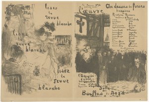 Obálka programové brožury s reklamou na La Revue Blanche a oznámením hry Au-dessus des force humaines Lisez la revue blanche Au-dessus des force humaines od Edouard Vuillard