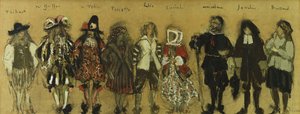 Studie na kostýmy pro devět herců ve filmu "La Coupe Enchantee" pro Jean de la Fountaine; Studie kostýmů pro devět postav z Začarovaného poháru Jean de la Fontaine, 1918 od Edouard Vuillard
