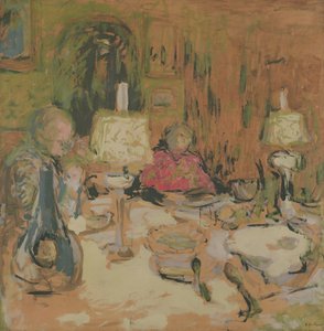 The Dinner with Two Lamps, rue de Calais, 1913 (distemper na hnědém papíře) od Edouard Vuillard