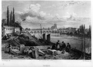 Pohled na město Tour, Indre-et-Loire (Indre et Loire), centrum, Francie. Rytina od Willmanna ve „Starověké a moderní Francii““ od Jean-Bernard Mary-Lafon (Jean Bernard Mary Lafon)