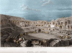 Arenas of Nimes, Gard, Languedoc-Roussillon (Languedoc Roussillon), Francie. Rytina od Willmanna ve „Starověké a moderní Francii““ od Jean-Bernard Mary-Lafon (Jean Bernard Mary Lafon)