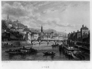 Pohled na město Lyon, departement Rhone, region Rhone-Alpes, Francie. Rytina od Willmanna v „La France ancienne et moderne““ od Jean-Bernard Mary-Lafon (Jean Bernard Mary Lafon)