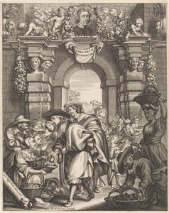 Dva pánové kupují houby na trhu Titulní ilustrace pro: F. van Sterbeeck, Theatrum Fungorum oft het tooneel der Campernoelien, 1675 od Edouard van Ordonie