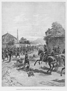 Garibaldi a lovci z Alp ve Varese (rytina) od Edouardo Matania