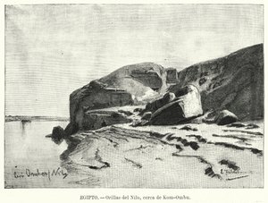 Břehy řeky Nil poblíž Kom Ombo, Egypt (litho) od Eduard (after) Hildebrandt