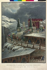 Rozloučení Tyrolska s císařem Ferdinandem I. ve 22 letech. Srpen 1838 (kolorovaná litografie) od Eduard Gurk