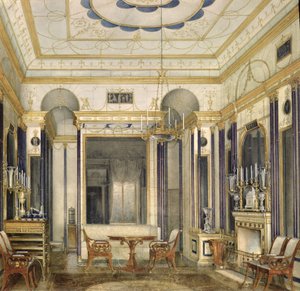 Přijímací pokoj císařovny Marie Alexandrovny ve Velkém paláci v Carskoje Selo (wc, kvaš a inkoust na papíře) od Eduard Hau