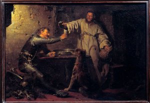 Válečník středního věku opékání s poustevníkem v krčmě Obraz Eduard von Grutzner (1846-1925) 1878 Ne. 0,44x0,63 m Paříž, musee d