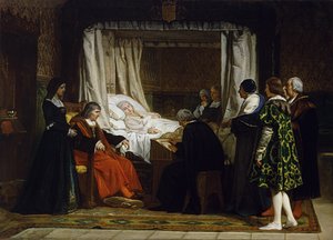La Reine Isabelle la Catholique dicte son testament - královna Isabella I. Kastilská diktující svou poslední vůli - Obraz Eduarda Rosalese Galliny (1836-1873) - 1864 - Olej na plátně - 290x400 - Museo del Prado, Madrid