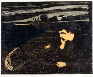 Večer, melancholie: Na pláži (Abend, Melancholie am Strand) (dřevořez) od Edvard Munch