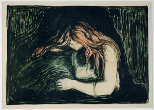 Vampire II (ručně kolorovaná litografie) od Edvard Munch