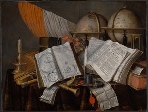 Zátiší Vanitas s vlajkou, svícen, hudební nástroje, knihy, psací potřeby, glóby a přesýpací hodiny od Edwaert Collier