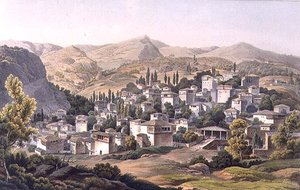 Village of Portaria, deska 16 z části 3 „Pohledy v Řecku“, vyryla J. Bailey