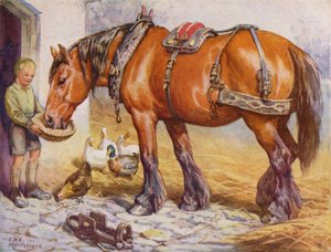 Chlapec krmící koně na farmě (barva litho)