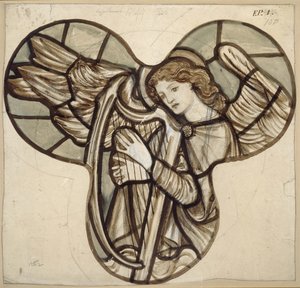Design pro barevné sklo v Lyndhurst Church: An Angel Harpist, 1862 (hnědá a modrá omývá grafitem) od Edward Burne Jones