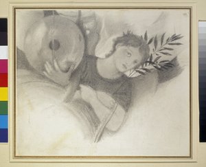 Studium for a Head in The Days of Creation, c. 1871 - 1875 (grafit a černá křída na špinavě bílém papíře) od Edward Burne Jones