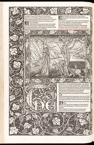 „The Works of Geoffrey Chaucer Now Newly Imprinted“ od Geoffrey Chaucer, vydané nakladatelstvím Kelmscott Press v roce 1896 (dřevořez) od Edward Burne Jones