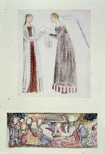č.1084-f.10 (TtoB) Dvě služebné, kopie z Narození Marie od Giovanniho da Milana z Rinucciniho kaple ve Florencii; The Lamentation (akvarel, tužka) od Edward Coley Burne Jones