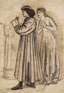 Scéna, jak král Rene vyřezává postavu, zatímco ho sleduje jeho nová nevěsta (pero a indický inkoust s praním a tužkou na papíře) od Edward Coley Burne Jones