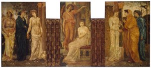 Cupid a Psyche - Palácové zelené nástěnné malby - Psyché sestry ji navštěvují v Cupidově domě, 1881 od Edward Burne Jones