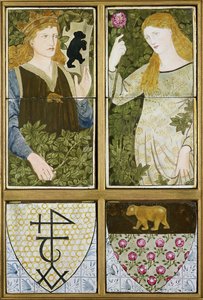 King Arthur a Queen Guinevere, Six Tile Panel vyrobený Morris, Marshall, Faulkner & Co. (keramika) od Edward Burne Jones