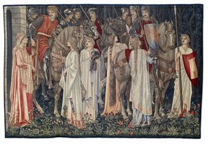 The Arming and Departure of the Knights, gobelín navržený umělcem a tkaný Morris & Co., 1895-96 od Edward Burne Jones