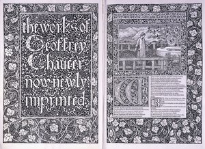 Titulní strana a úvodní strana z vydání Kelmscott Press "The Works of Geoffrey Chaucer", 1896 od Edward Burne Jones