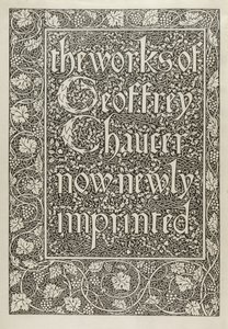 Titulní strana, z The Works of Geoffrey Chaucer, nyní nově otištěná, vyrytá Williamem Morrisem (1834-96) 1896 od Edward Coley after Burne Jones
