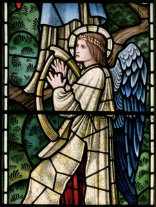 Wilden, All Saints, Morris & Co., Edward Burne-Jones, John Henry Dearle (1859-1932), Angels Of Paradise, Angel Musicians, detail, 1902-1914, Louisa, Alfred, The Baldwins, ministerský předseda, metodista, Wo od Edward Coley and Dearle Burne Jones