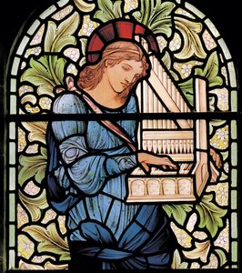 Wilden, All Saints, Morris & Co., Edward Burne-Jones, John Henry Dearle (1859-1932), St Cecilia, detail, 1902, Louisa, Alfred, The Baldwins, ministerský předseda, metodista, Worcestershire, Arts & Crafts, R