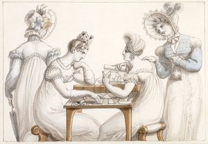 Dámy vystřihující siluety: a dámy konverzující v interiéru, od Edward Francis Burney