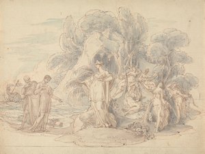 Telemachus a Mentor přistávají na ostrově Calypso od Edward Francis Burney