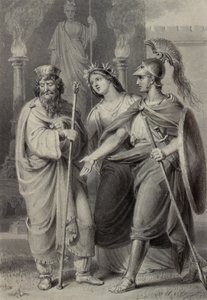 Válečník doprovázený ženou oslovující kněze v okrscích chrámu od Edward Francis Burney